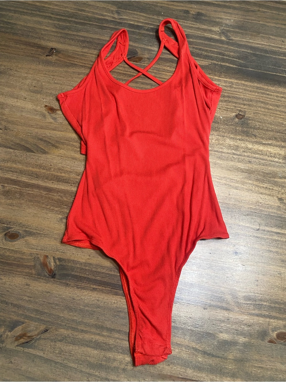 Women's Red Ribbed Crisscross Back Bodysuit